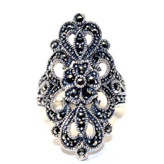 Sterling Silver Large Elongated Filigree Cocktail Marcasite Ring (8): Jewelry