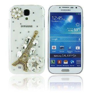 FiMeney Luxury Handmade Crystal Diamond Rhinestones Golden Eiffel Tower White Flower Transparent Back Hard Case Cover for Samsung Galaxy S4 S IV GS4 4 I9500 + Cleaning cloth + 2013 calendar card Cell Phones & Accessories
