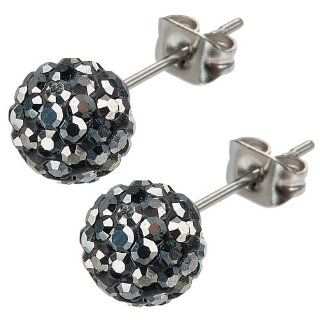 Inox Women Stainless Steel Hematite Grey 8mm Crystal Ball Stud Earrings SSE738HM: Jewelry