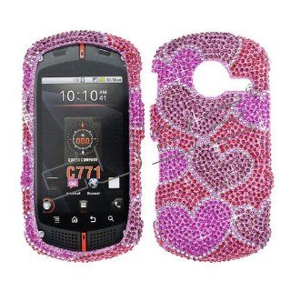 Verizon Casio G'zone Commando C771 C 771 Cover Faceplate Face Plate Housing Snap on Snapon Protective Hard Crystal Case Full Diamond Hearts Valentine Design Hot Pink Cell Phones & Accessories
