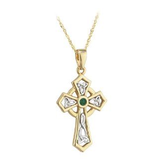 14k Two Tone Gold with Emerald Celtic Cross Necklace Irish Made Jewelry