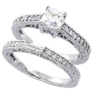 Rhodium Plated Sterling Silver Vintage Style 2Pc Engagement Ring Bridal Sets For Women 6mm ( Size 6 to 9): Jewelry