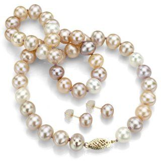 14k Yellow Gold 7 8mm Multi color Pink Cultured Freshwater Pearl Necklace 18" with Matching Stud Earring.: Jewelry