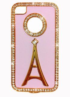 Luxury Designer Bling Rhinestones Pink Eiffel Tower Light Pink Gold Trim Crystal Case for Apple Iphone 4 and 4s: Cell Phones & Accessories