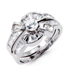 14k White Gold Baguette Princess CZ Wedding Ring Set: Jewelry