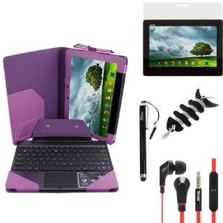 Evecase Purple Faux Leather Keyboard Docking Station Stand Case + Stylus + Earbuds + Cord Wrap + Screen Protector for Asus Transformer Pad Infinity TF700T/ TF700 10.1 inch Tablet Computers & Accessories