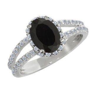 2.13 Ct Oval Black Onyx White Diamond 18K White Gold Ring: Jewelry