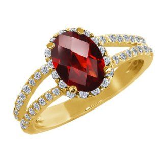 1.88 Ct Oval Checkerboard Red Garnet White Diamond 18K Yellow Gold Ring Jewelry