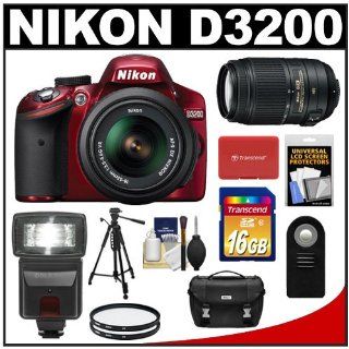 Nikon D3200 Digital SLR Camera & 18 55mm G VR DX AF S Zoom Lens (Red) + 55 300mm VR Lens + 16GB Card + Flash + Case + Filters + Remote + Tripod + Accessory Kit : Digital Slr Camera Bundles : Camera & Photo