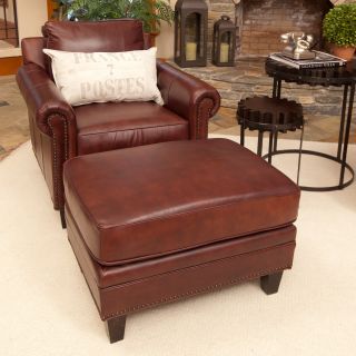 Elements Manchester 2 Piece Set Top Grain Leather Accent Chair and Ottoman   Barolo   Club Chairs