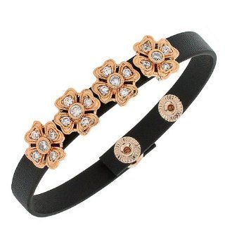 Black Leather Rose Gold Tone White Crystals CZ Flowers Floral Design Wristband Womens Adjustable Bracelet: My Daily Styles: Jewelry
