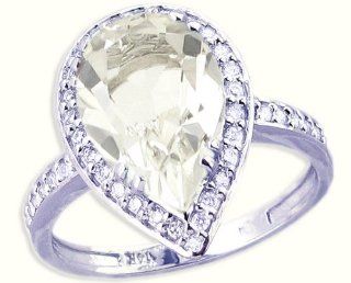 14K White Gold Pear Gemstone and Diamond Cocktail & Right Hand Ring White Topaz, size5: Jewelry