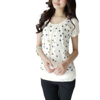Lady Scoop Neck Dots Pattern Front Ruched Detail Blouse