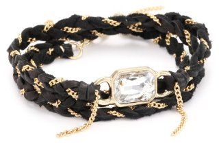 Ettika "Leather" Gold Crystal Baguette Rust Leather and Chain Wrap Bracelet: Jewelry