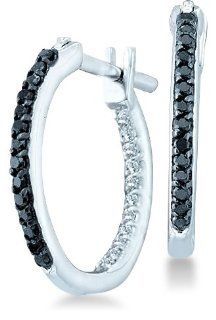 14k White Gold Two Double Sided Back and Front Round Black and White Diamond Hoop Huggie Earrings   15mm Height * 2mm Width (1/4 cttw): Jewelry