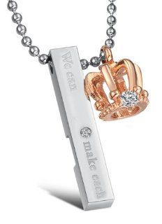 Stainless Steel Bar and Rose Gold Crown Necklace for Her Engraved with "We Can Make Each" and Rhinestone Accents Valentine's Day Special Gift Jewelry