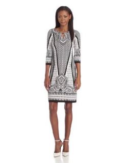 London Times Women's 3/4 Sleeve Printed Shift Dress, White/Black, 2 at  Womens Clothing store: