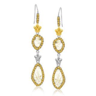 18K Yellow Gold & Sterling Silver Rutilated Quartz Fleur De Lis Dangling Earrings: Jewelry