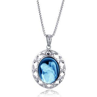 Sterling Silver Oval Frame 14X10mm Blue Agate Guardian Angel Cameo Pendant w/22" Adjustable Chain: Jewelry