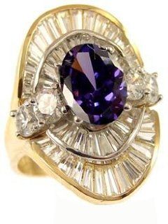14k Yellow Gold White Rhodium, Fancy Estate Style Cocktail Ring with Lab Created Oval Shape Purple Violet Colored Stone: Jewelry