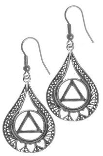 Alcoholics Anonymous Recovery Symbol Earrings, #854 6, Ster., Circle Triangle w/ 3 Hearts in Filigree Style Tear Drop: Jewelry