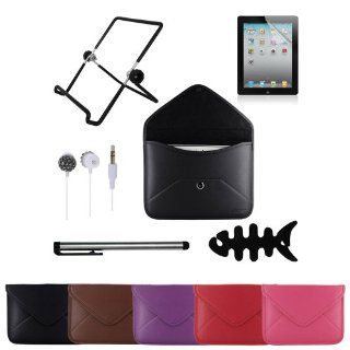 Skque® 6 Items Bundle  Black Envelope Style Leather Sleeve Cover Case + Anti clear Screen Protector + Multi Angle Holder Stand + Touch Screen Stylus Pen + 3.5mm Crystal Rhinestone Earphone Headset + Earbuds Holder for Apple iPad 2 / iPad 3 / iPad 4 wit