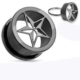 Pair of 00 Gauge 10mm Blackline Titanium Anodized Surgical Steel Punk Star Screw Fit Tunnel Plug E459: Body Piercing Tunnels: Jewelry