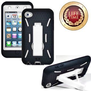 myLife (TM) Black + Ivory White Tough Series (Body Armor Defender Glove) Case for iPod 4/4S (4G) 4th Generation iTouch (Built In Kickstand + Thick Silicone Outer Gel and Tough Rubberized Internal Shell + myLife (TM) Lifetime Warranty + Sealed In myLife Bra