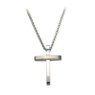 Men's Stainless Steel 3D Cross Polished Pendant   With Chain   Length: 1 3/16 inches   Width: 3/4 inches: Jewelry