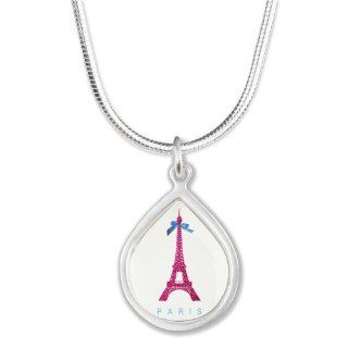  Pink Paris Eiffel Tower Silver Teardrop Necklace Silver Teardrop Necklace   Standard Silver Jewelry