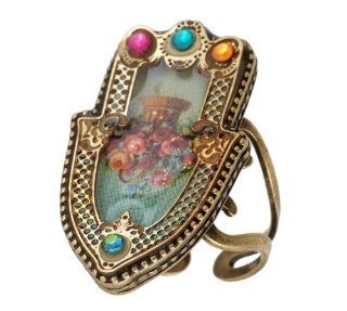 Michal Negrin Hamsa Ring with Flower Print, Vintage Elements and Multicolor Swarovski Crystals; Made in Israel: Michal Negrin: Jewelry