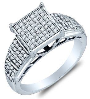 .925 Sterling Silver Plated in White Gold Rhodium Diamond Engagement OR Fashion Right Hand Ring Band   Square Princess Shape Center Setting w/ Micro Pave Set Round Diamonds   (1/3 cttw): Jewelry