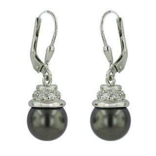 Sterling Silver Gray Freshwater Pearl Clear Cubic Zirconia Cap Level Back Earrings: Dangle Earrings: Jewelry