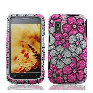 ZTE Warp N860 N 860 Cell Phone Full Crystals Diamonds Bling Protective Case Cover Silver and Pink Floral Flowers Design: Cell Phones & Accessories