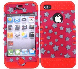 3 IN 1 HYBRID SILICONE COVER FOR APPLE IPHONE 4 4S HARD CASE SOFT RED RUBBER SKIN GLITTER STARS RD TP886 KOOL KASE ROCKER CELL PHONE ACCESSORY EXCLUSIVE BY MANDMWIRELESS: Cell Phones & Accessories