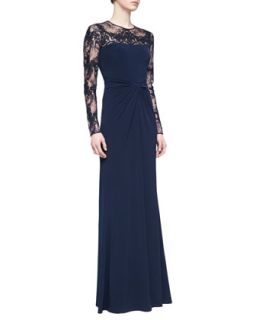 Womens Long Sleeve Lace Sequin Gown, Navy   David Meister
