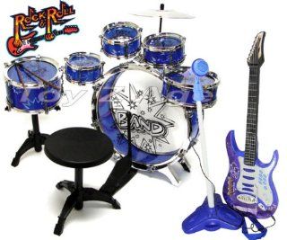 Kids Drum set 11 Pcs. with Rock n Roll Kareokee Microphone and Electronic guitar with 9 melodies and tons of other options, This is tons of fun for kids: Toys & Games