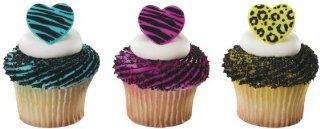 Wild Hearts Zebra & Leopard Print Cupcake Topper Ring Picks   Set of 12 : Decorative Cake Toppers : Everything Else