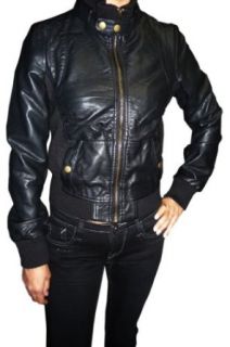 Black Faux Leather Ribbed Bomber Jacket, small