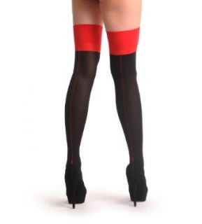 Black With Red Back Seam & Red Elasticated Top   Black Seamed Designer Stockings at  Womens Clothing store
