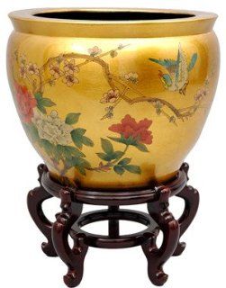 Oriental Furniture Japanese Chinese Asian Oriental Interior Design and Decor 16 Inch Ming Porcelain Jardinire Fishbowl Planter Pottery with Gold Leaf   Decorative Bowls