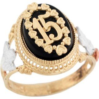 14k Two Tone Gold Quinceanera 15 Anos Angel Rose Flower Filigree Onyx Ring Jewelry