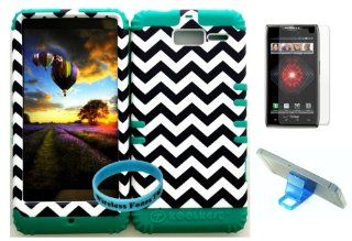 Bumper Case for Motorola Droid Razr M (XT907, 4G LTE, Verizon) Protector Case Dark Blue Chevron Waves Snap on + Teal Silicone Hybrid Cover (Phone Stand, Screen Protector & Wireless Fones' Wristband included) Cell Phones & Accessories