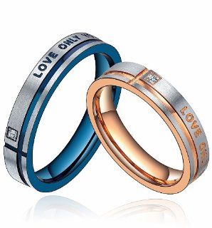 Stainless Steel "Love Only You" W. CZ 4mm Engagement Wedding Band Promise Ring Mens (Blue and Silver Color) G5039n907A: Jewelry
