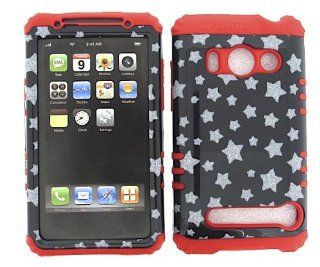 3 IN 1 HYBRID SILICONE COVER FOR HTC EVO 4G HARD CASE SOFT RED RUBBER SKIN GLITTER STARS RD TP885 A9292 KOOL KASE ROCKER CELL PHONE ACCESSORY EXCLUSIVE BY MANDMWIRELESS: Cell Phones & Accessories