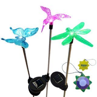HQRP Set of 3 Changing Multi Color Stake Lights (Butterfly + Dragonfly + Hummingbird), Solar Power Garden / Yard Decor + HQRP UV Meter   Landscape Lighing