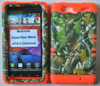 2 in 1 Hybrid Case Protector for for Verizon Motorola Droid Razr XT913 Phone Hard Cover Faceplate Skin "Orange Silicone + Rocker Snap On, Hunter Series w/ Green Leaves " Cell Phones & Accessories