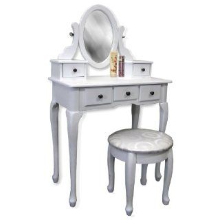 White Vanity Table Set Jewelry Armoire Makeup Desk Bench Drawer  