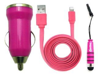 Emartbuy Trio Pack For Apple Iphone 5   Hot Pink Bullet 1 Amp USB Car Charger + Hot Pink Metallic Mini Stylus + Hot Pink Flat Anti Tangle USB Sync / Transfer Data & Charger Cable Cell Phones & Accessories