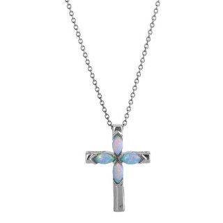 Sterling Silver Synthetic Blue Opal Cross Pendant/Necklace 18 Inches Silver Chain: Jewelry